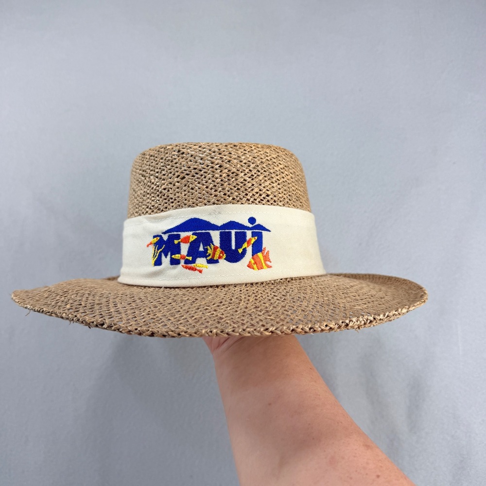 Maui Hawaii Embroidered Straw Sun Hat Wide Brim Tan Tropical Beach Vacation
